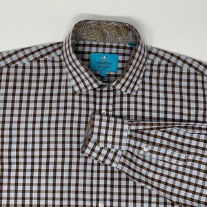 Christian Aujard Paris Light Blue & Brown Check Men's Long Sleeve Shirt Sz Large